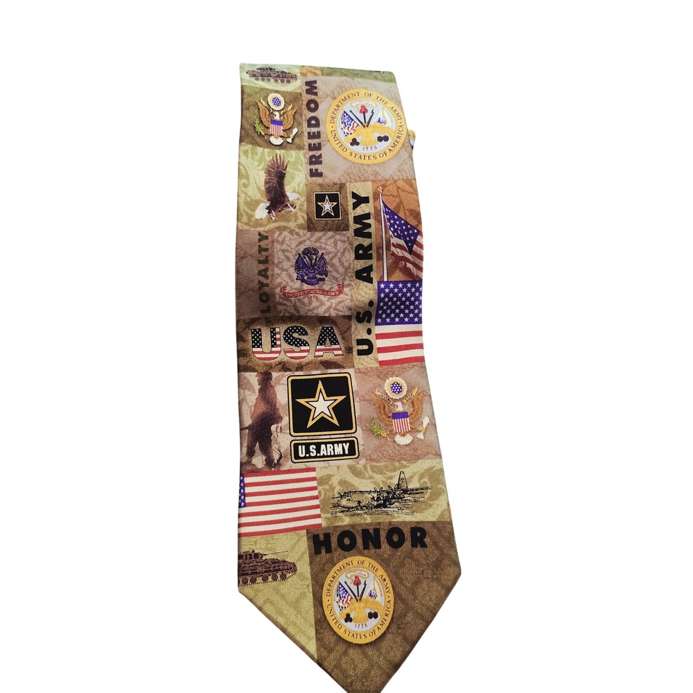 Eagles Wings Mens US Army Patriotic Silk Tie Honor Freedom Military Collage Tan